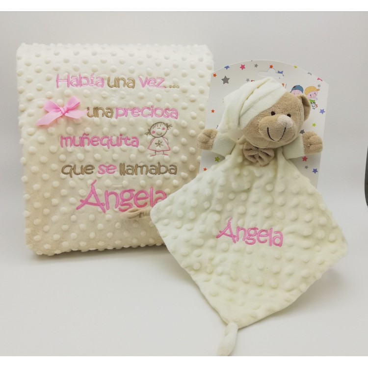Manta de Bebé Bordada y Doudou Personalizados con Nombre Mod. Preciosa Muñequita